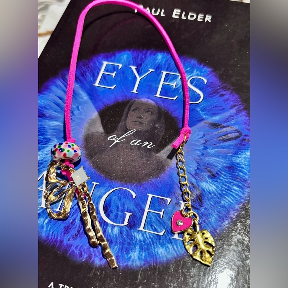 One of the kind Gold tone charm bookmark Pink Cord and a delicate heart charm